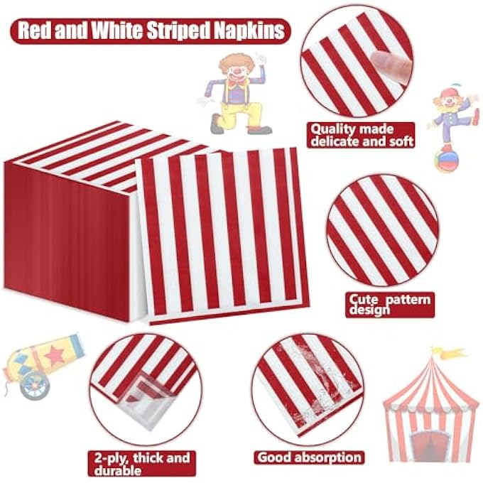 100 PCS RED AND WHITE STRIPED NAPKINS, CARNIVAL CIRCUS PARTY NAPKINS CARNIVAL PAPER NAPKIN FOR CARNIVAL CIRCUS PARTY, KIDS BIRTHDAY, BABY SHOWER - Image 4
